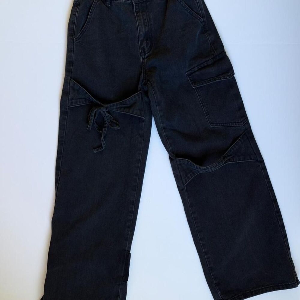 Cider washed black denim relaxed fit cargo jeans with tie bow accent